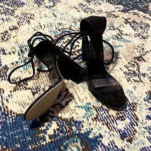 Suede black criss cross tie chunky heels